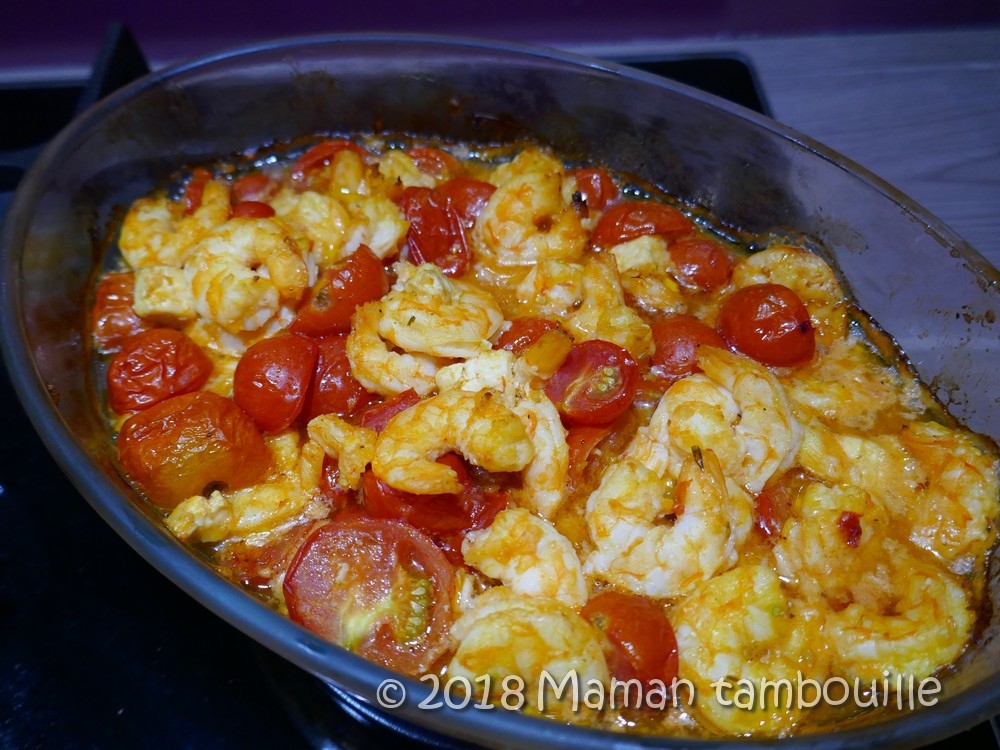 Crevettes tomates et feta sur lit de pâtes Maman Tambouille